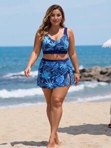 Swim Vcay Plus Size Summer Holiday Beach Gym Party Plant Print Bikini Set Dark Blue Floral Boho - Blue - View 3