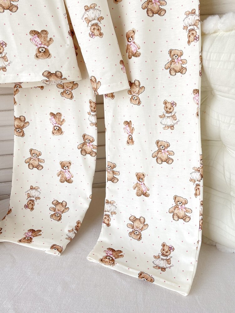 SHEIN Tween Girl Vintage Sweet Super Cute Mini Bear Print, Pink, Preppy Chic Lazy Style, BM, Ballet Core, Dopamine, Tween Girl Casual Minimalist Slim Fit Round Neck Long Sleeve Pants Loungewear Suitable For Autumn/Winter Tween Girl - White - View 12