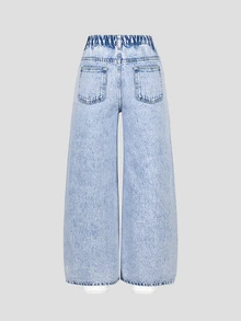 SHEIN Tween Girls Denim Jeans, Light Blue, Fall, Casual Streetwear Grunge, School, Back-To-School, Wide Leg Relaxed Fit Baggy Y2k Distressed Ripped Holiday - Medium Wash - View 3