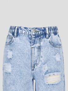 SHEIN Tween Girls Denim Jeans, Light Blue, Fall, Casual Streetwear Grunge, School, Back-To-School, Wide Leg Relaxed Fit Baggy Y2k Distressed Ripped Holiday - Medium Wash - View 6