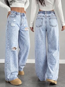 SHEIN Tween Girls Denim Jeans, Light Blue, Fall, Casual Streetwear Grunge, School, Back-To-School, Wide Leg Relaxed Fit Baggy Y2k Distressed Ripped Holiday - Medium Wash - View 4