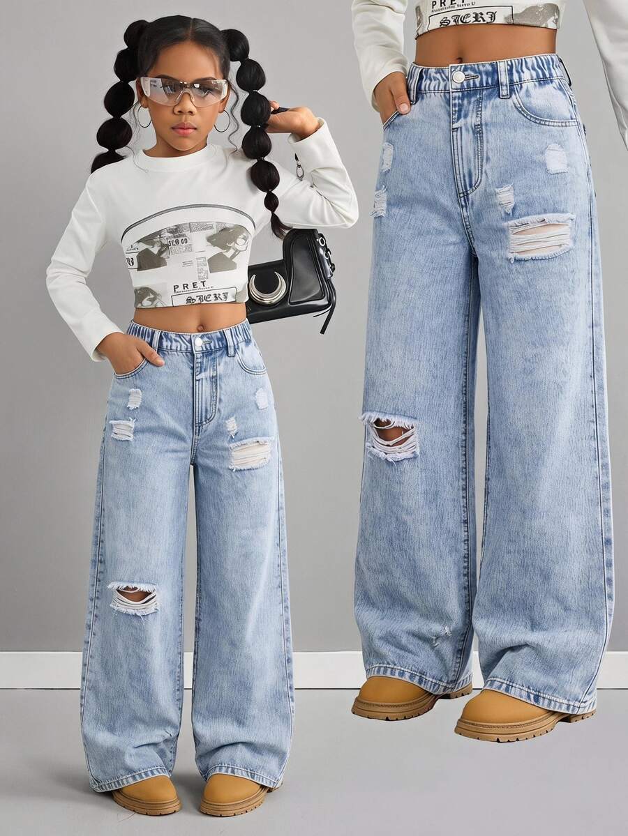 SHEIN Tween Girls Denim Jeans, Light Blue, Fall, Casual Streetwear Grunge, School, Back-To-School, Wide Leg Relaxed Fit Baggy Y2k Distressed Ripped Holiday
