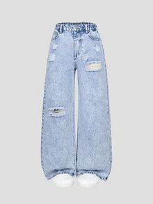 SHEIN Tween Girls Denim Jeans, Light Blue, Fall, Casual Streetwear Grunge, School, Back-To-School, Wide Leg Relaxed Fit Baggy Y2k Distressed Ripped Holiday - Medium Wash - View 5