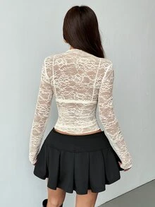 EgrlEra Women's Lace Elastic Peony Floral Sheer Sexy Top (Random Cut) - Beige - View 2