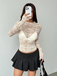EgrlEra Women's Lace Elastic Peony Floral Sheer Sexy Top (Random Cut) - Beige - View 1