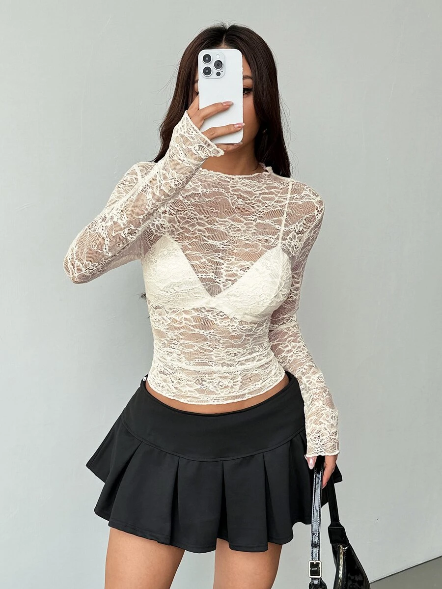 EgrlEra Women's Lace Elastic Peony Floral Sheer Sexy Top (Random Cut) - Beige - View 1
