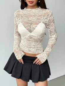 EgrlEra Women's Lace Elastic Peony Floral Sheer Sexy Top (Random Cut) - Beige - View 5
