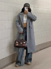 StreetHx Áo khoác dài tay cổ ve trơn màu cho nữ, mùa thu/đông - Xám - Xem 5
