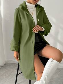 SHEIN 女款秋冬長袖單排扣人造毛領羊毛混紡夾克 - 軍綠色 - 查看 6