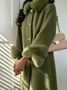 SHEIN 女款秋冬長袖單排扣人造毛領羊毛混紡夾克 - 軍綠色 - 查看 4