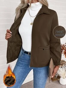 SHEIN Women's Solid Color Casual Zip-Up Composite Fleece Long Sleeve Jacket - Coffee Brown - View 3