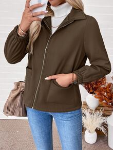 SHEIN Women's Solid Color Casual Zip-Up Composite Fleece Long Sleeve Jacket - Coffee Brown - View 6