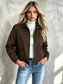 SHEIN Women's Solid Color Casual Zip-Up Composite Fleece Long Sleeve Jacket - Coffee Brown - View 1