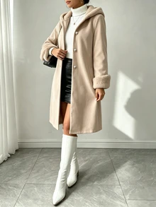 SHEIN Khaki Hooded Wool Blend Coat Women Mid-Length Faux Fur Patchwork Cuffs Single-Breasted Gentle Style Overcoat - Khaki - View 5