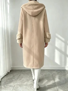 SHEIN Khaki Hooded Wool Blend Coat Women Mid-Length Faux Fur Patchwork Cuffs Single-Breasted Gentle Style Overcoat - Khaki - View 2