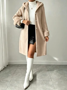 SHEIN Khaki Hooded Wool Blend Coat Women Mid-Length Faux Fur Patchwork Cuffs Single-Breasted Gentle Style Overcoat - Khaki - View 4