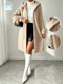 SHEIN Khaki Hooded Wool Blend Coat Women Mid-Length Faux Fur Patchwork Cuffs Single-Breasted Gentle Style Overcoat - Khaki - View 3