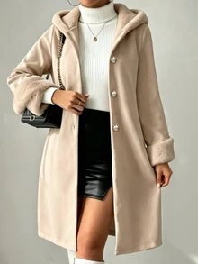 SHEIN Khaki Hooded Wool Blend Coat Women Mid-Length Faux Fur Patchwork Cuffs Single-Breasted Gentle Style Overcoat - Khaki - View 6
