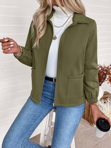 SHEIN Women's Solid Color Thermal Lined Casual Versatile Daily Wear Long Sleeve Jacket - Army Green - View 6