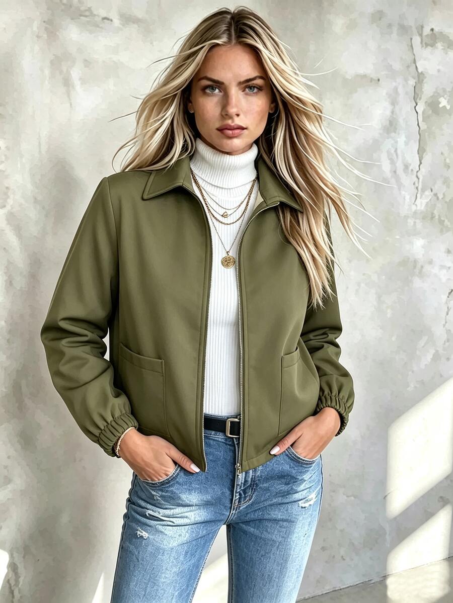SHEIN Women's Solid Color Thermal Lined Casual Versatile Daily Wear Long Sleeve Jacket - Army Green - View 1