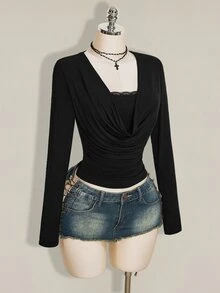 SHEIN ICON Y2K女款萬聖節黑色長袖垂墜蕾絲拼接百褶修身百搭休閒T恤 - 黑色 - 查看 10