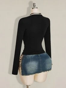 SHEIN ICON Y2K女款萬聖節黑色長袖垂墜蕾絲拼接百褶修身百搭休閒T恤 - 黑色 - 查看 9