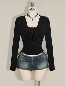 SHEIN ICON Y2K女款萬聖節黑色長袖垂墜蕾絲拼接百褶修身百搭休閒T恤 - 黑色 - 查看 2