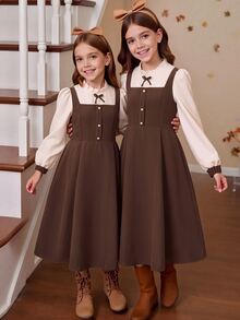 Teen Girls Elegant Woven Long Sleeve Collared Shirt Casual 2 In 1 Patchwork Dress Party White Brown Fall - Brown - View 3