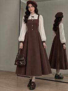 Teen Girls Elegant Woven Long Sleeve Collared Shirt Casual 2 In 1 Patchwork Dress Party White Brown Fall - Brown - View 7