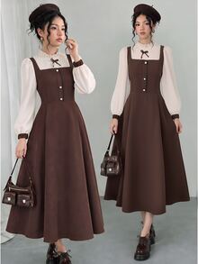 Teen Girls Elegant Woven Long Sleeve Collared Shirt Casual 2 In 1 Patchwork Dress Party White Brown Fall - Brown - View 1