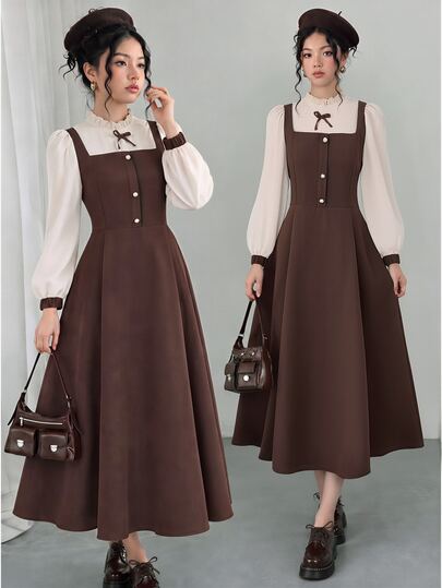 Teen Girls Elegant Woven Long Sleeve Collared Shirt Casual 2 In 1 Patchwork Dress Party White Brown Fall