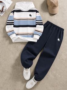 SHEIN Coolqubz 2pcs Tween Boys' Outfits, Classic Horse Multi-Color Contrast Stripe Hooded Sweatshirt & Navy Jogger Pants Tracksuit Set,Fall Clothes,Fall Sets - Navy Blue - View 3