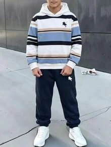 SHEIN Coolqubz 2pcs Tween Boys' Outfits, Classic Horse Multi-Color Contrast Stripe Hooded Sweatshirt & Navy Jogger Pants Tracksuit Set,Fall Clothes,Fall Sets - Navy Blue - View 1