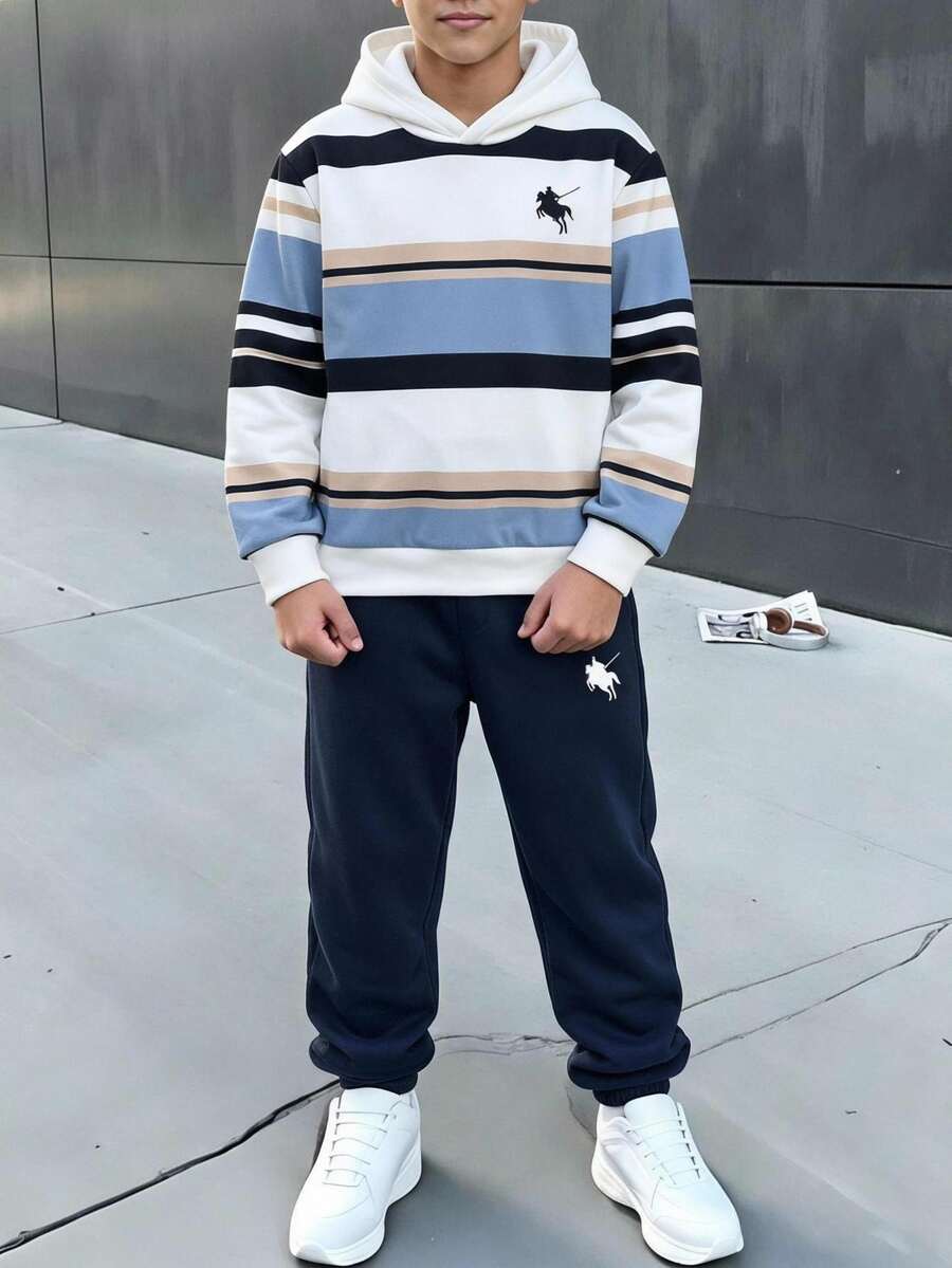 SHEIN Coolqubz 2pcs Tween Boys' Outfits, Classic Horse Multi-Color Contrast Stripe Hooded Sweatshirt & Navy Jogger Pants Tracksuit Set,Fall Clothes,Fall Sets - Navy Blue - View 1