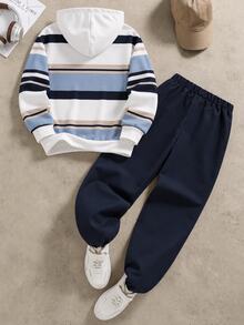 SHEIN Coolqubz 2pcs Tween Boys' Outfits, Classic Horse Multi-Color Contrast Stripe Hooded Sweatshirt & Navy Jogger Pants Tracksuit Set,Fall Clothes,Fall Sets - Navy Blue - View 2