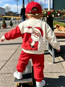 Young Boy 2pcs/Set Christmas Sweatshirt Outfit, Red White Contrast Color Santa Claus Print Loose Short Sleeve Crew Neck, Fall Boys Set, Casual - Red - View 1