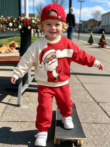 Young Boy 2pcs/Set Christmas Sweatshirt Outfit, Red White Contrast Color Santa Claus Print Loose Short Sleeve Crew Neck, Fall Boys Set, Casual - Red - View 2