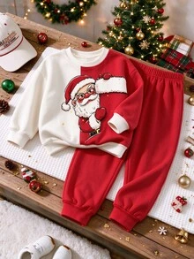 Young Boy 2pcs/Set Christmas Sweatshirt Outfit, Red White Contrast Color Santa Claus Print Loose Short Sleeve Crew Neck, Fall Boys Set, Casual - Red - View 3