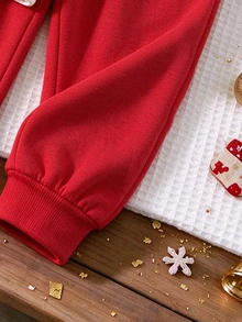 Young Boy 2pcs/Set Christmas Sweatshirt Outfit, Red White Contrast Color Santa Claus Print Loose Short Sleeve Crew Neck, Fall Boys Set, Casual - Red - View 5