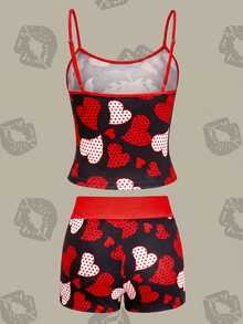 Betty Boop x SHEIN 女士白色吊带背心和短裤两件套，运动套装，红色两件套，心形图案，波点图案，复古少女图案，卡通图案，休闲百搭，日常夏季 - 黑色 - 查看 2
