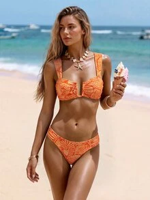 SHEIN Swim 女士夏季热带活力橙色底海洋生物花卉印花宽肩带U领高腰显瘦沙滩比基尼套装 - 彩色 - 查看 5