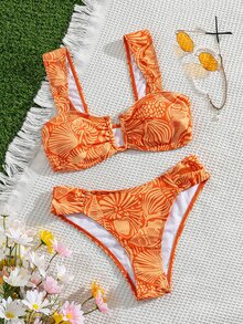 SHEIN Swim 女士夏季热带活力橙色底海洋生物花卉印花宽肩带U领高腰显瘦沙滩比基尼套装 - 彩色 - 查看 3