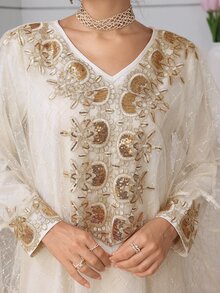 Al Najma Elegant & Romantic V-Neck Batwing Dress, Spring/Summer Kaftan Jalabiya Dress - Apricot - View 8