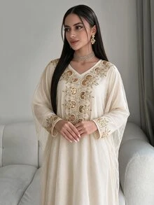 Al Najma Elegant & Romantic V-Neck Batwing Dress, Spring/Summer Kaftan Jalabiya Dress - Apricot - View 5