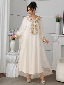 Al Najma Elegant & Romantic V-Neck Batwing Dress, Spring/Summer Kaftan Jalabiya Dress - Apricot - View 10