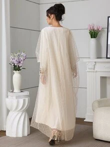 Al Najma Elegant & Romantic V-Neck Batwing Dress, Spring/Summer Kaftan Jalabiya Dress - Apricot - View 3