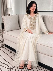Al Najma Elegant & Romantic V-Neck Batwing Dress, Spring/Summer Kaftan Jalabiya Dress - Apricot - View 2