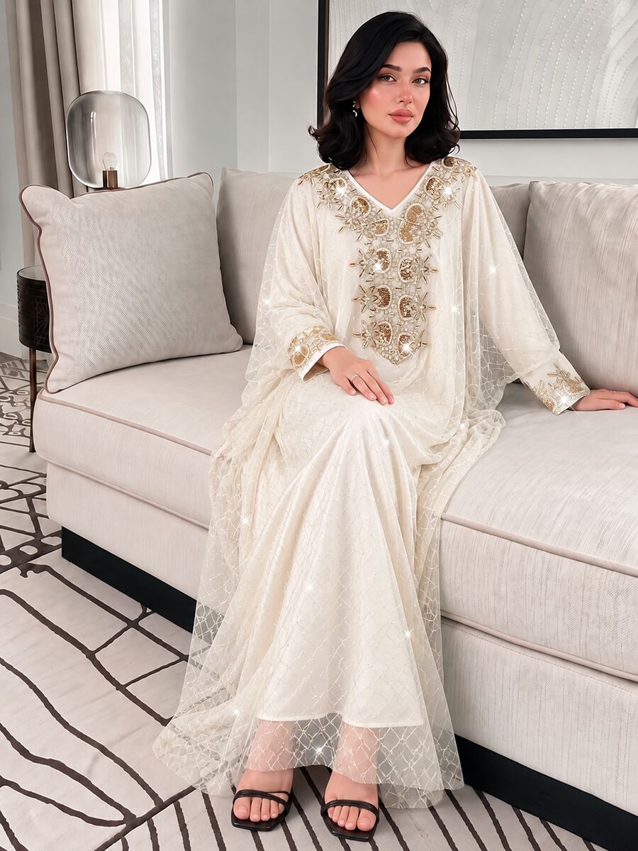 Al Najma Elegant & Romantic V-Neck Batwing Dress, Spring/Summer Kaftan Jalabiya Dress