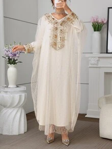 Al Najma Elegant & Romantic V-Neck Batwing Dress, Spring/Summer Kaftan Jalabiya Dress - Apricot - View 7