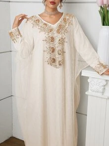 Al Najma Elegant & Romantic V-Neck Batwing Dress, Spring/Summer Kaftan Jalabiya Dress - Apricot - View 6
